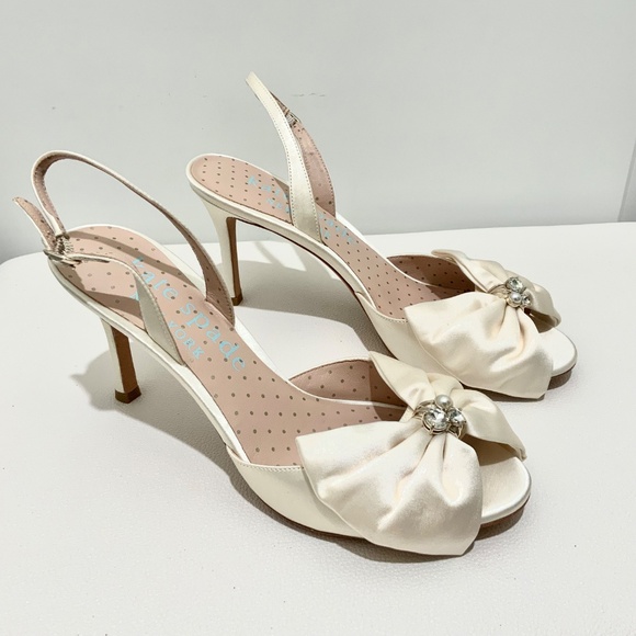 Kate Spade Happily Slingback Pumps Bridal Bow Ivory Satin Stiletto Heel Sandal 9 - Picture 10 of 16